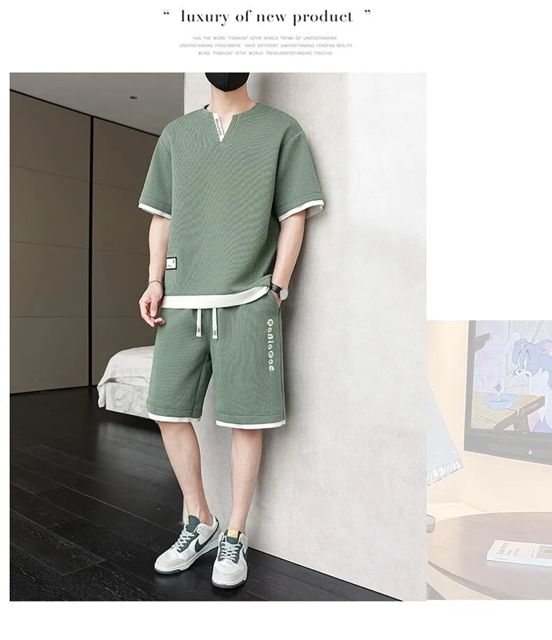 Summer New Men's Casual Fashion Set: T-shirt & Shorts / Color-block Short-sleeve Top + 5-Fold Pants / Minimalist Men's Clothing