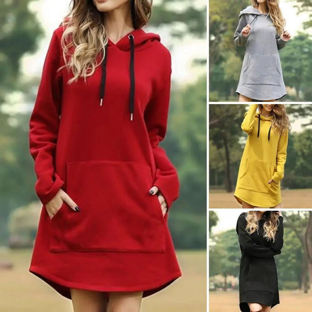 Fall Hooded Dress Cozy Plus Size Hooded Mini Dress with Drawstring Patch Pockets for Fall Winter Fashion Hooded Dress