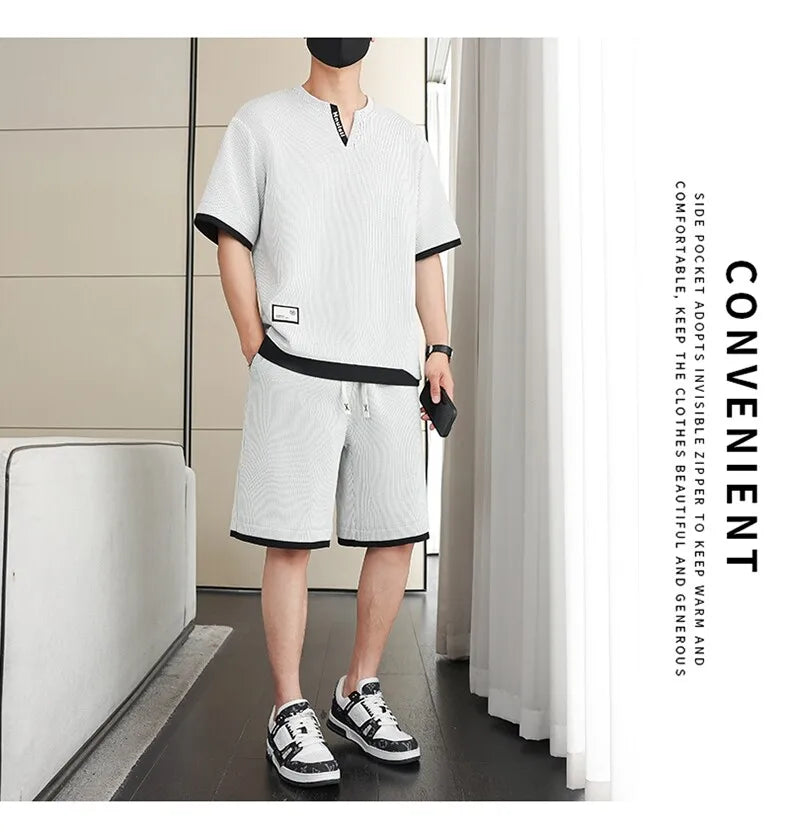 Summer New Men's Casual Fashion Set: T-shirt & Shorts / Color-block Short-sleeve Top + 5-Fold Pants / Minimalist Men's Clothing