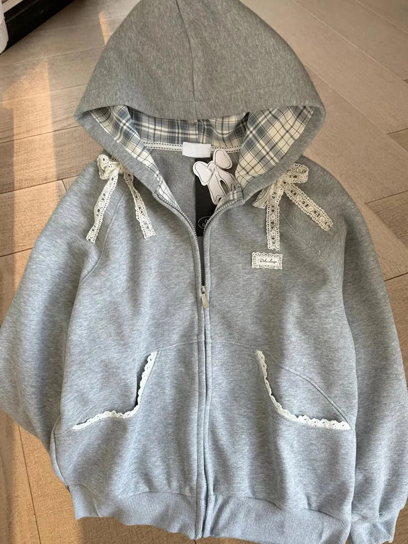 Fall Lace Patchwork Hoodies Women Kawaii Bow Long Sleeve Sweatshirt Preppy Style Sweet Loose Long Sleeve Gray Streetwear Jacket