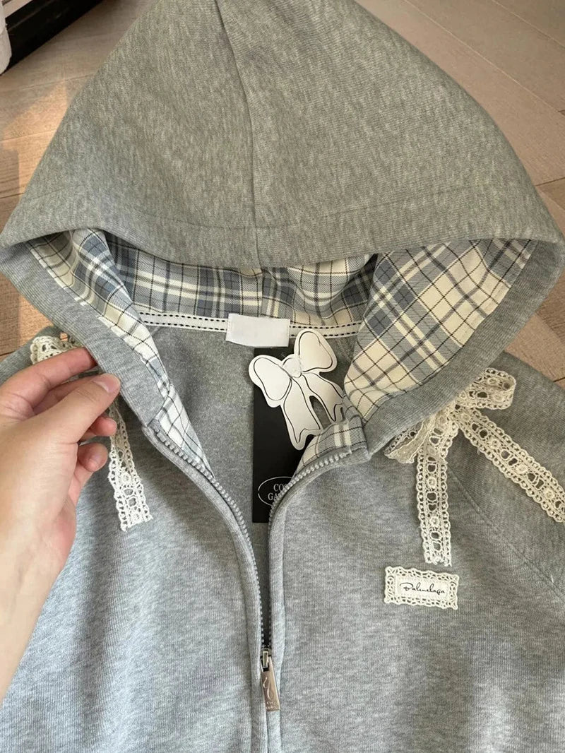 Fall Lace Patchwork Hoodies Women Kawaii Bow Long Sleeve Sweatshirt Preppy Style Sweet Loose Long Sleeve Gray Streetwear Jacket