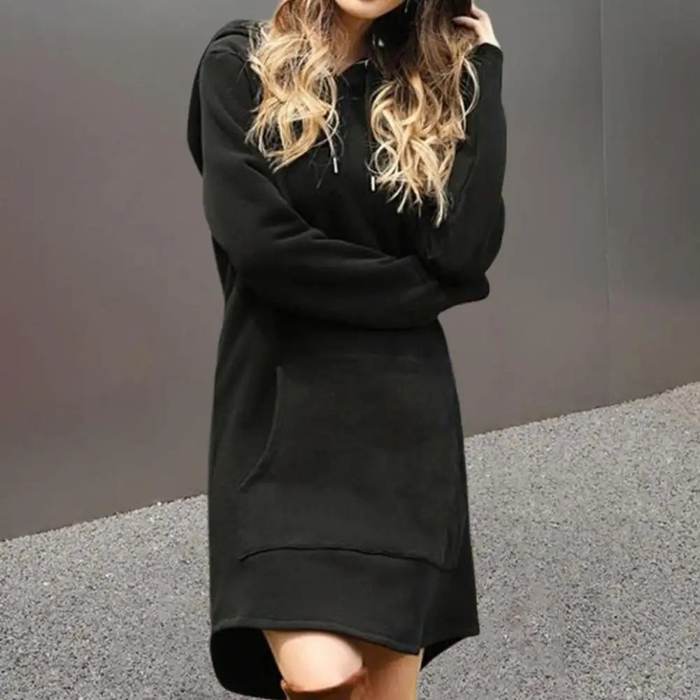 Fall Hooded Dress Cozy Plus Size Hooded Mini Dress with Drawstring Patch Pockets for Fall Winter Fashion Hooded Dress