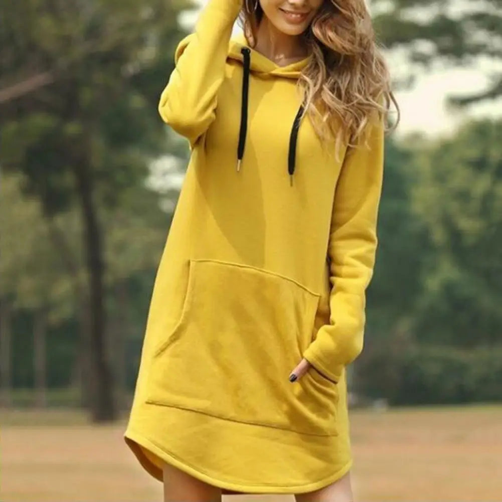 Fall Hooded Dress Cozy Plus Size Hooded Mini Dress with Drawstring Patch Pockets for Fall Winter Fashion Hooded Dress