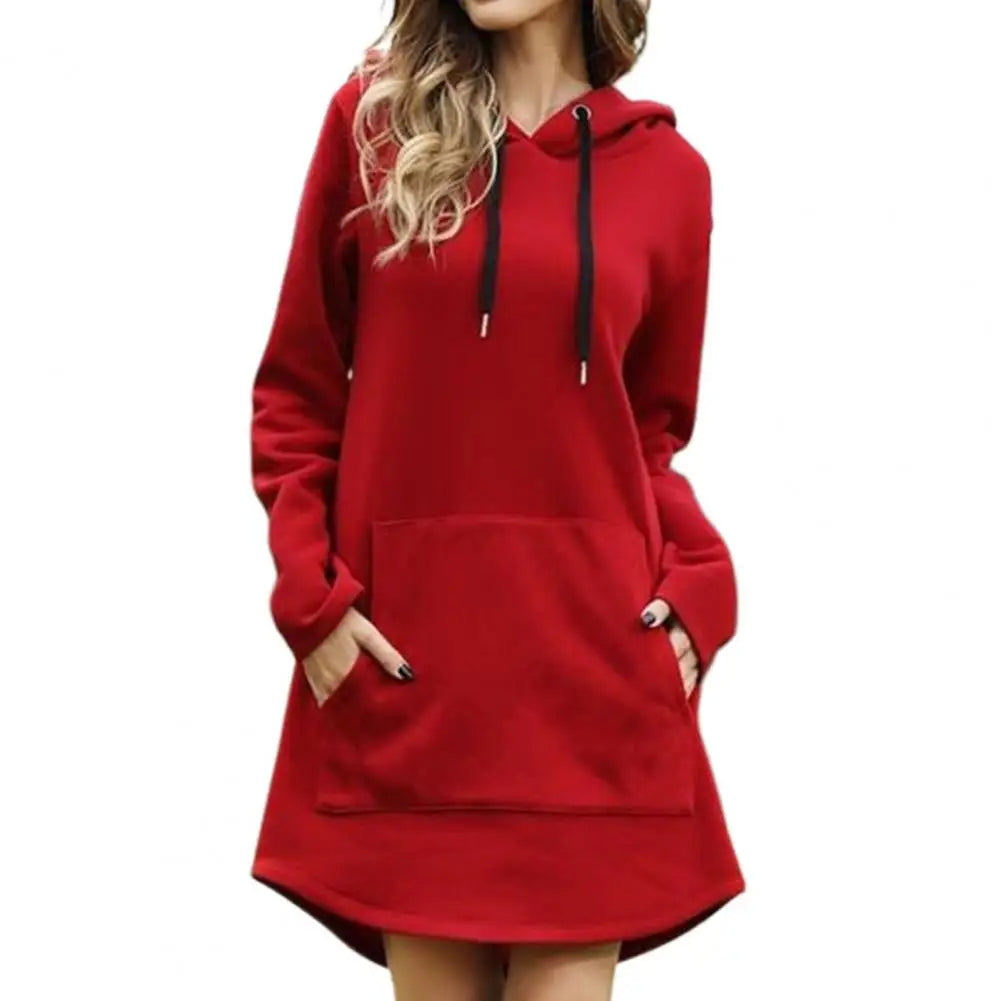 Fall Hooded Dress Cozy Plus Size Hooded Mini Dress with Drawstring Patch Pockets for Fall Winter Fashion Hooded Dress