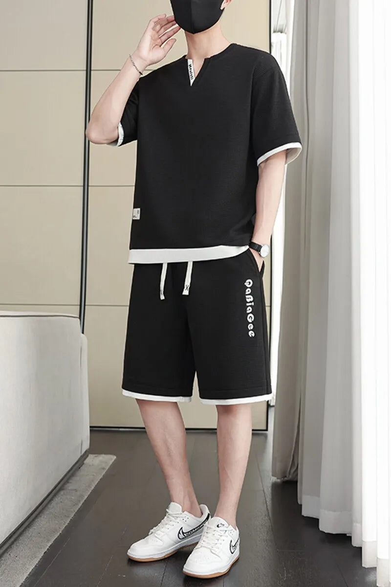 Summer New Men's Casual Fashion Set: T-shirt & Shorts / Color-block Short-sleeve Top + 5-Fold Pants / Minimalist Men's Clothing