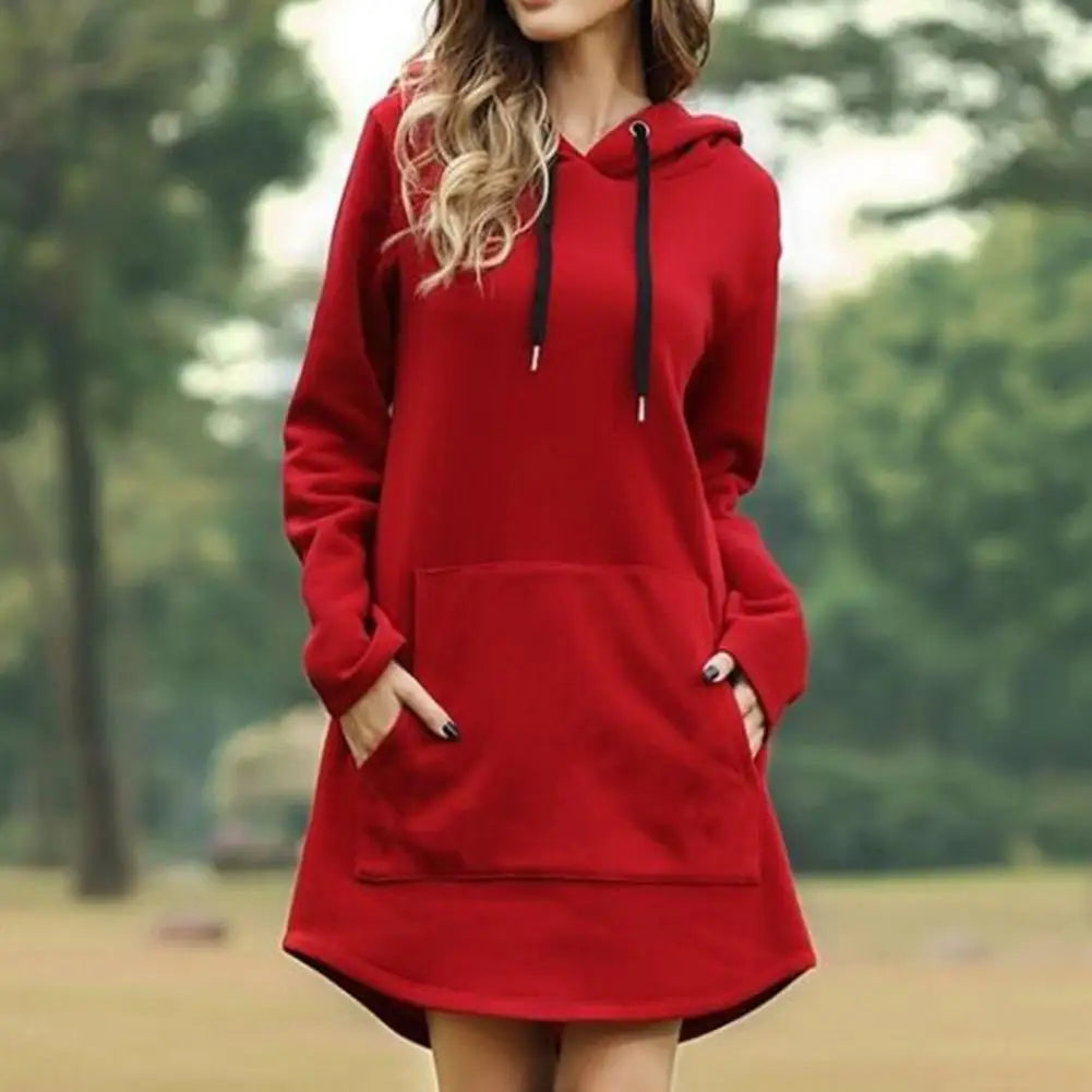 Fall Hooded Dress Cozy Plus Size Hooded Mini Dress with Drawstring Patch Pockets for Fall Winter Fashion Hooded Dress
