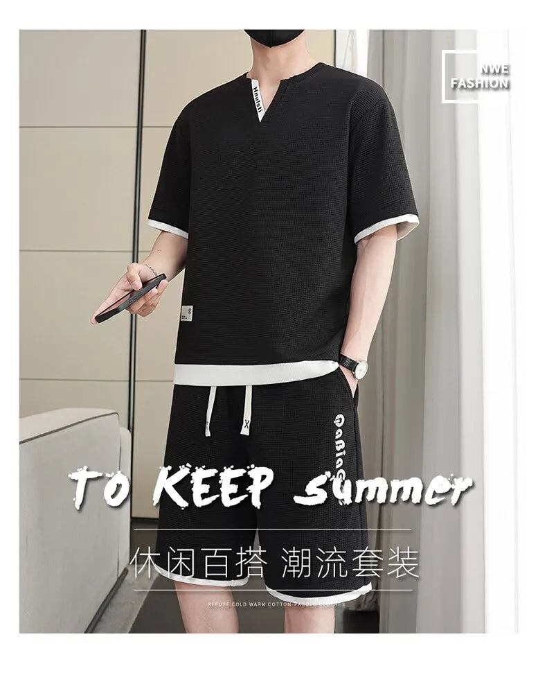 Summer New Men's Casual Fashion Set: T-shirt & Shorts / Color-block Short-sleeve Top + 5-Fold Pants / Minimalist Men's Clothing