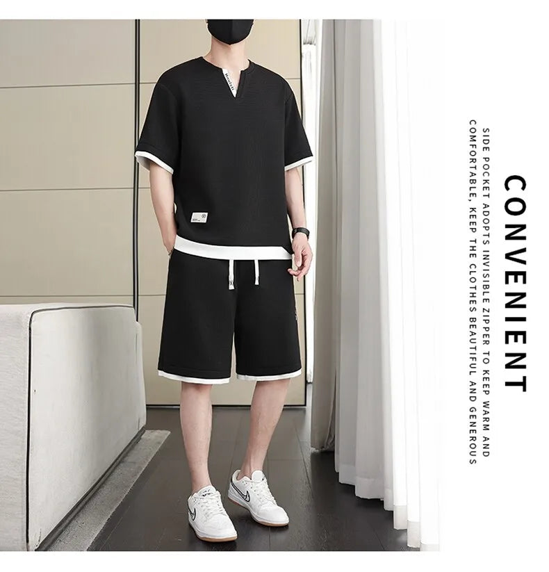 Summer New Men's Casual Fashion Set: T-shirt & Shorts / Color-block Short-sleeve Top + 5-Fold Pants / Minimalist Men's Clothing