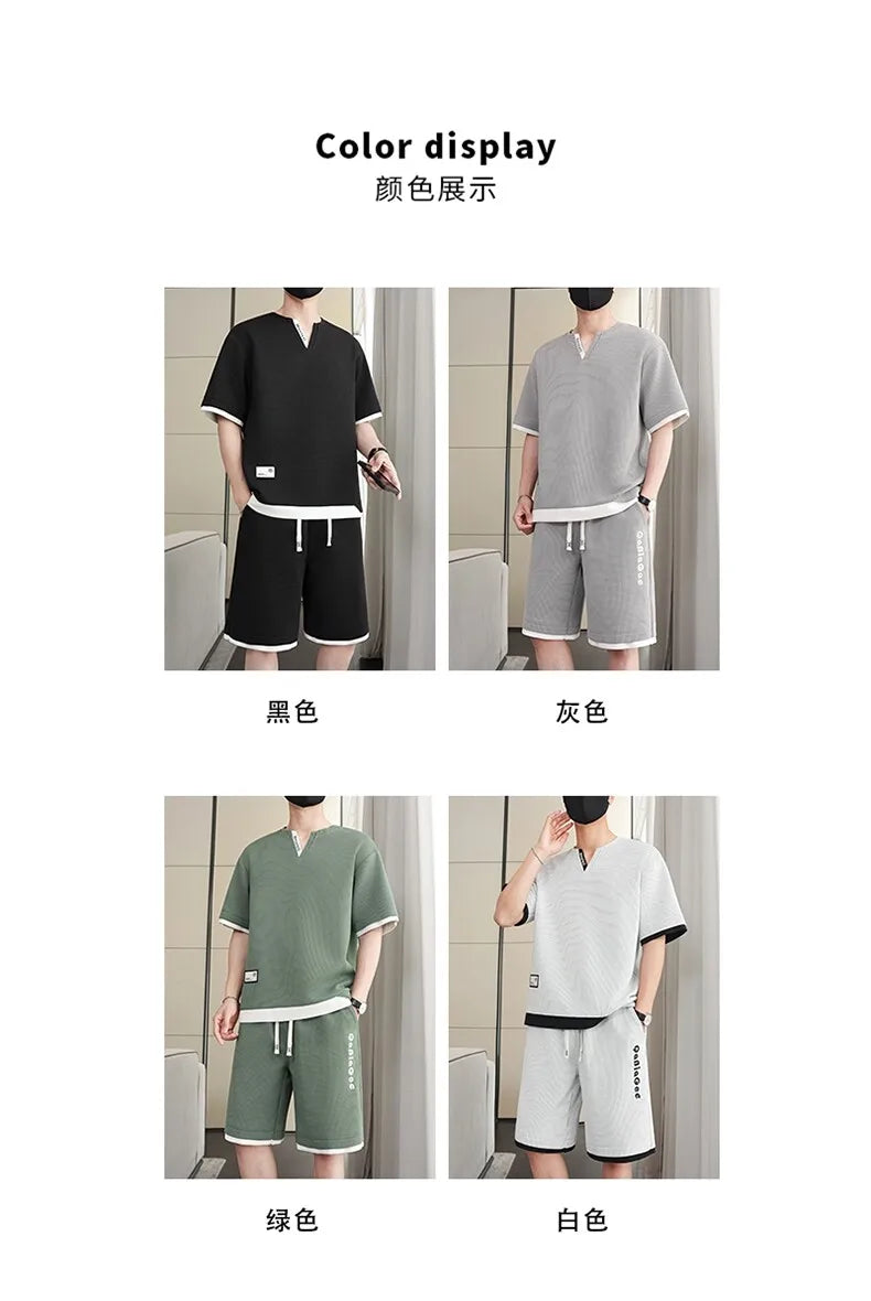 Summer New Men's Casual Fashion Set: T-shirt & Shorts / Color-block Short-sleeve Top + 5-Fold Pants / Minimalist Men's Clothing