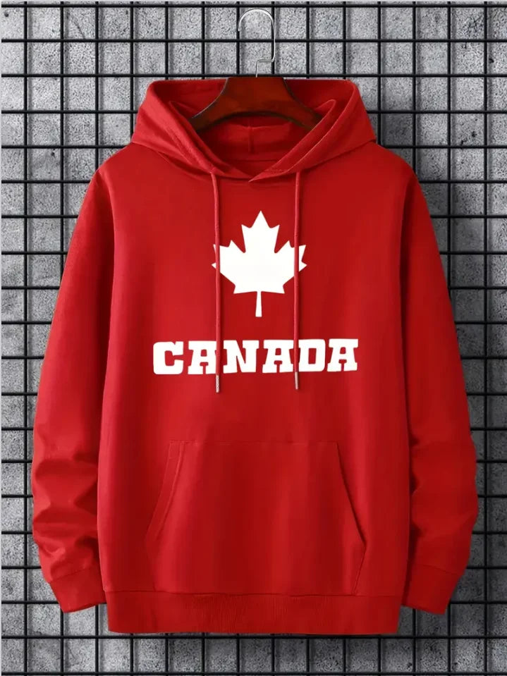 Hoodies For Men, Maple Leaf Canada Print Hoodie, Men’s Casual Pullover Hooded Sweatshirt With Kangaroo Pocket For Spring Fall
