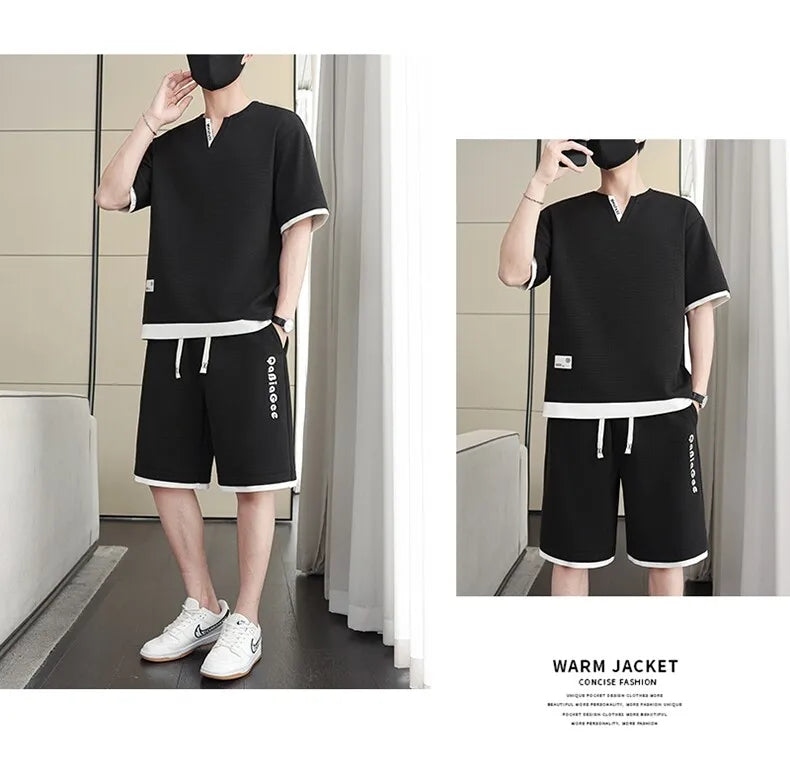 Summer New Men's Casual Fashion Set: T-shirt & Shorts / Color-block Short-sleeve Top + 5-Fold Pants / Minimalist Men's Clothing