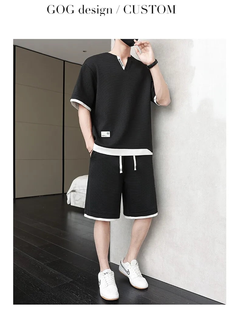 Summer New Men's Casual Fashion Set: T-shirt & Shorts / Color-block Short-sleeve Top + 5-Fold Pants / Minimalist Men's Clothing