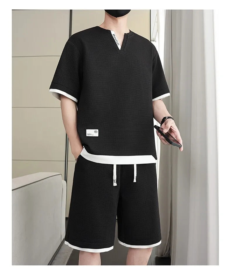 Summer New Men's Casual Fashion Set: T-shirt & Shorts / Color-block Short-sleeve Top + 5-Fold Pants / Minimalist Men's Clothing