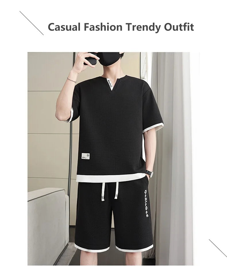Summer New Men's Casual Fashion Set: T-shirt & Shorts / Color-block Short-sleeve Top + 5-Fold Pants / Minimalist Men's Clothing