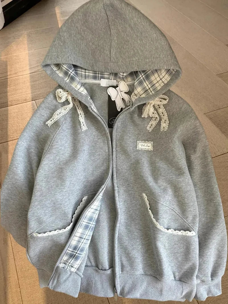 Fall Lace Patchwork Hoodies Women Kawaii Bow Long Sleeve Sweatshirt Preppy Style Sweet Loose Long Sleeve Gray Streetwear Jacket