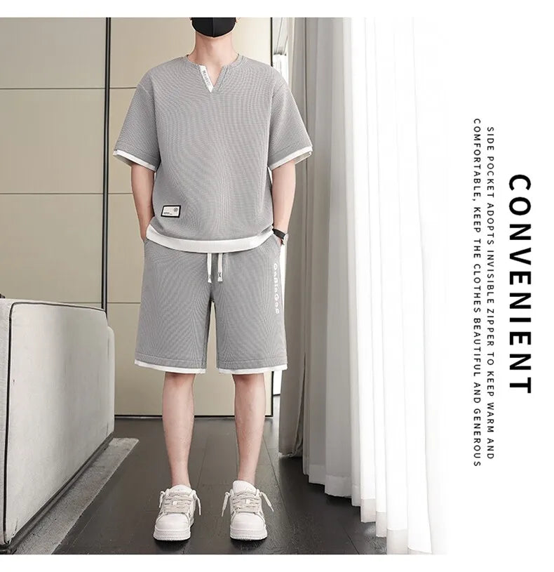 Summer New Men's Casual Fashion Set: T-shirt & Shorts / Color-block Short-sleeve Top + 5-Fold Pants / Minimalist Men's Clothing