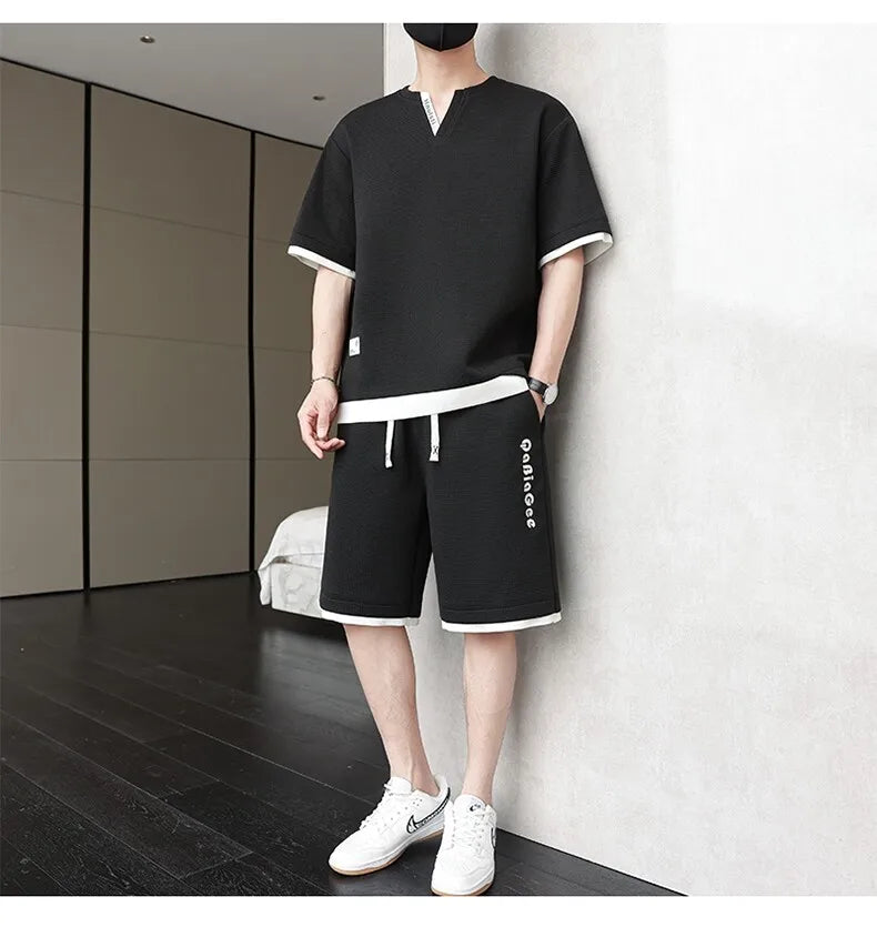 Summer New Men's Casual Fashion Set: T-shirt & Shorts / Color-block Short-sleeve Top + 5-Fold Pants / Minimalist Men's Clothing