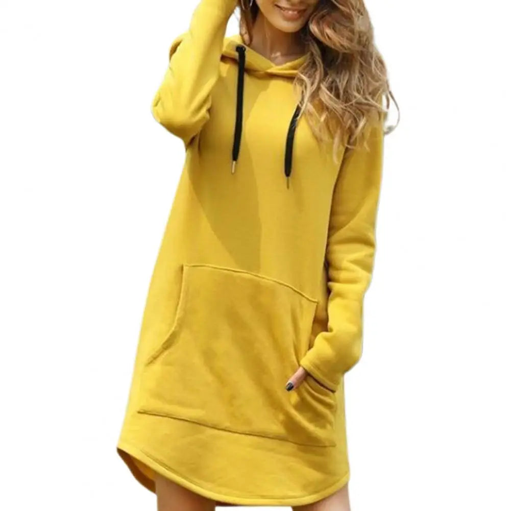Fall Hooded Dress Cozy Plus Size Hooded Mini Dress with Drawstring Patch Pockets for Fall Winter Fashion Hooded Dress