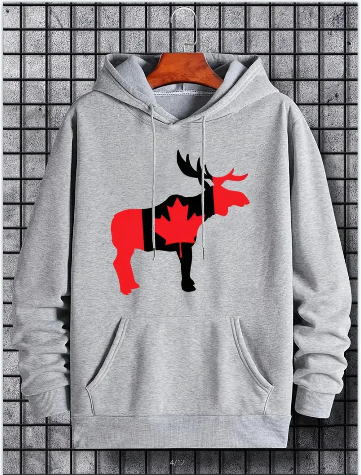Hoodies For Men, Maple Leaf Canada Print Hoodie, Men’s Casual Pullover Hooded Sweatshirt With Kangaroo Pocket For Spring Fall