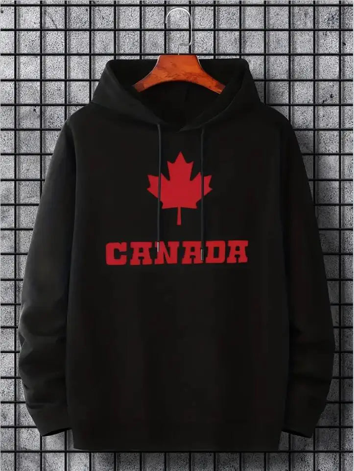 Hoodies For Men, Maple Leaf Canada Print Hoodie, Men’s Casual Pullover Hooded Sweatshirt With Kangaroo Pocket For Spring Fall