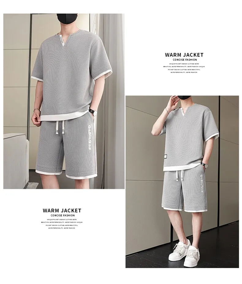 Summer New Men's Casual Fashion Set: T-shirt & Shorts / Color-block Short-sleeve Top + 5-Fold Pants / Minimalist Men's Clothing