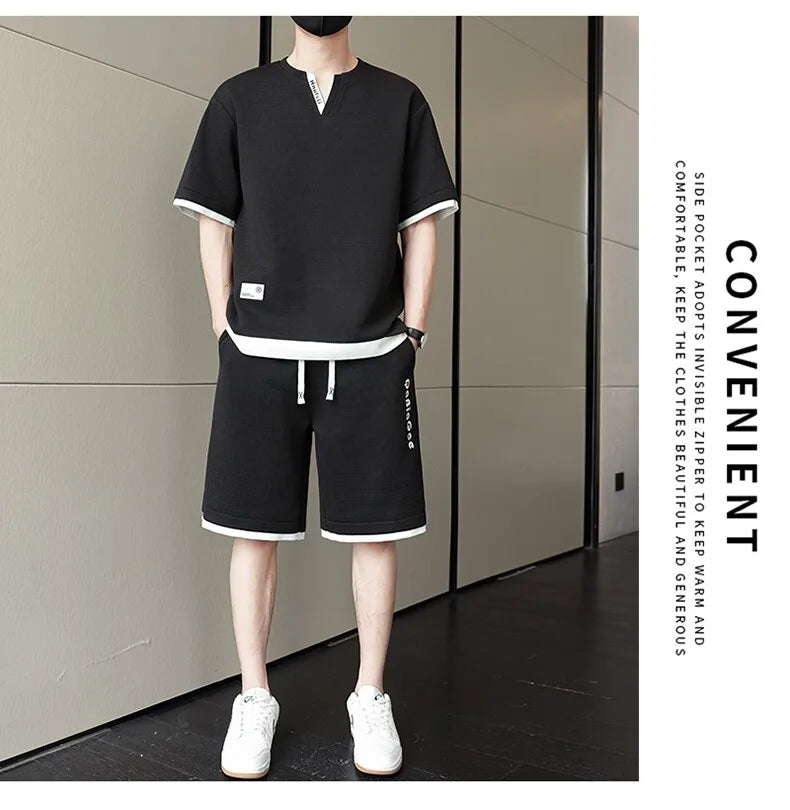 Summer New Men's Casual Fashion Set: T-shirt & Shorts / Color-block Short-sleeve Top + 5-Fold Pants / Minimalist Men's Clothing